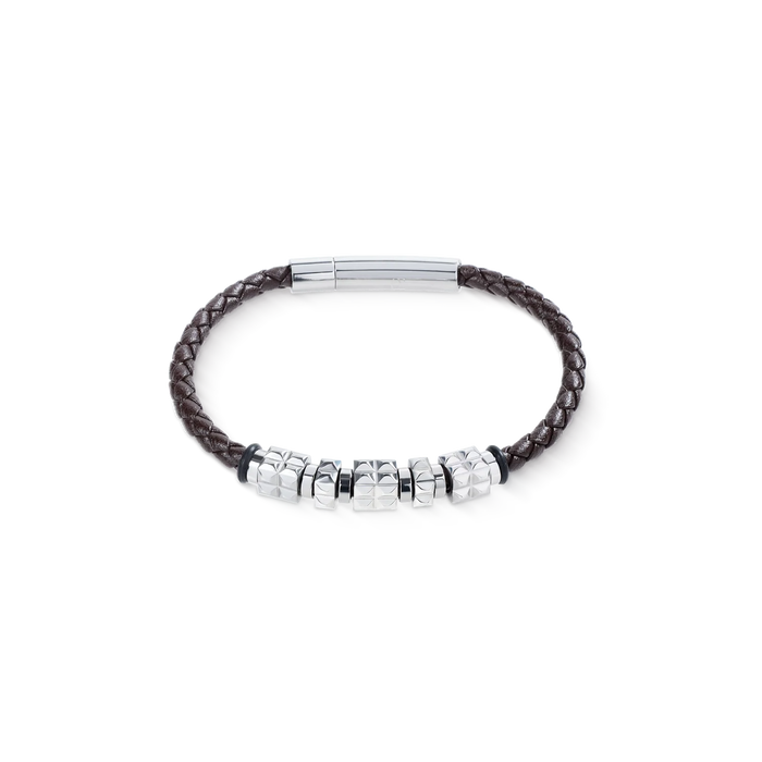 Coeur De Lion Brown Leather Bracelet with Stainless Steel Spikes Cubes