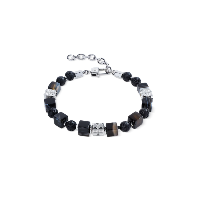 Coeur De Lion Striped Onyx Cube and Lava Bead Bracelet with Stainless Steel Spikes Cubes