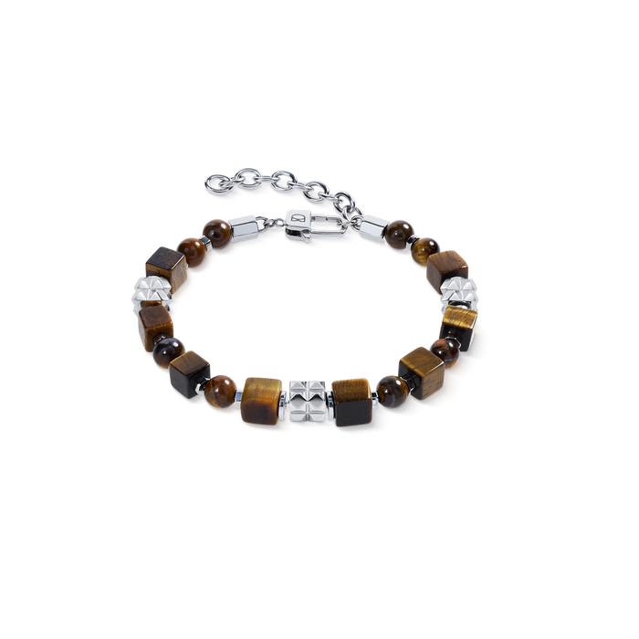 Coeur De Lion Tiger Eye Cube and Bead Bracelet with Stainless Steel Spikes Cubes