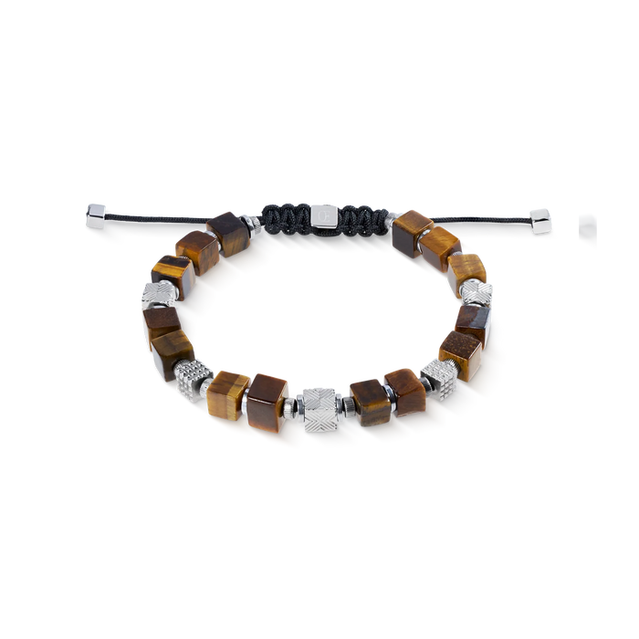 Coeur De Lion Tiger Eye Cubes Bracelet with Graphic Relief Stainless Steel Cubes and Adjustable Textile Closure Brown