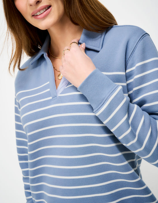 Crew Clothing Women's Flip Collar Slub Top in Blue White