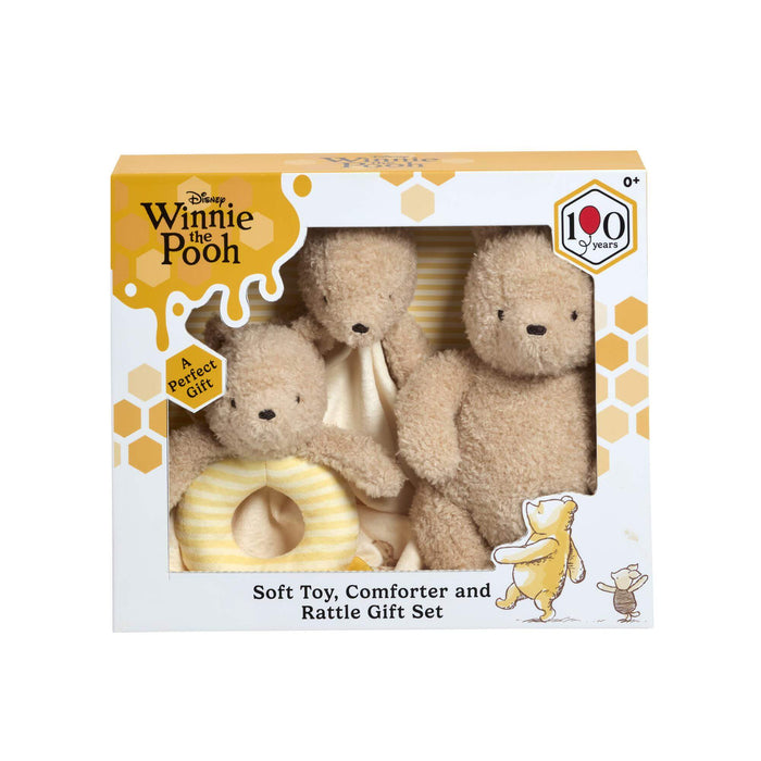 Rainbow Designs Disney Winnie The Pooh 100 Soft Toy, Comforter and Ring Rattle Gift Set