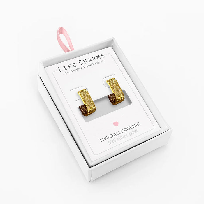Life Charms Sparkling Rectangle Huggie Gold Earrings