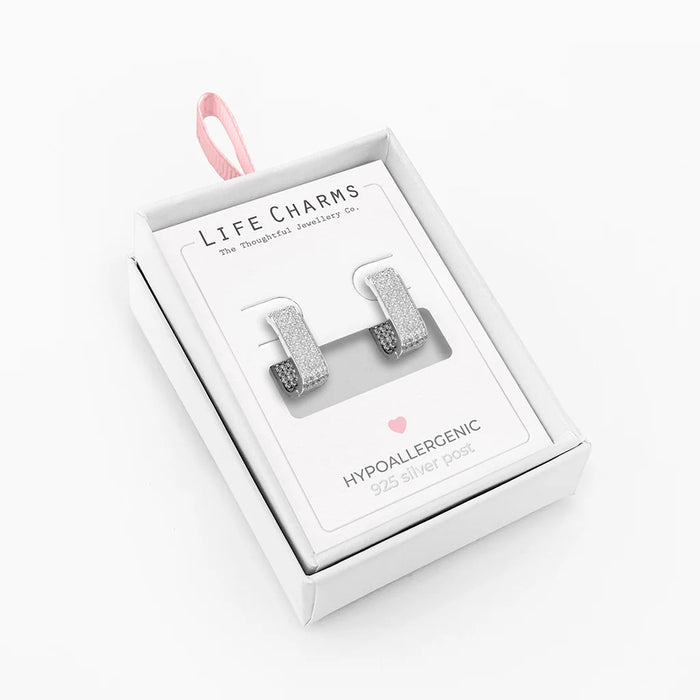 Life Charms Sparkling Rectangle Huggie Silver Earrings