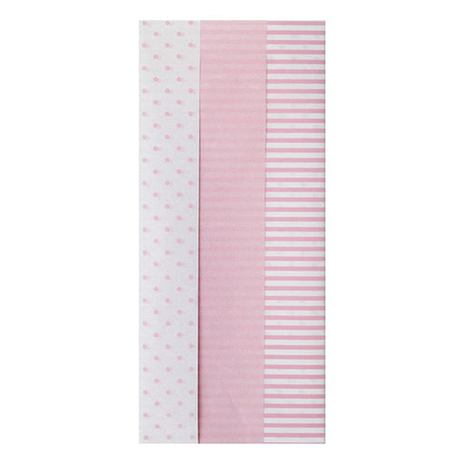 Three vertical fabric or paper swatches in pink and white patterns: a white panel with small pink hearts, a pink panel with fine pink stripes, and a white panel with bold pink horizontal stripes.