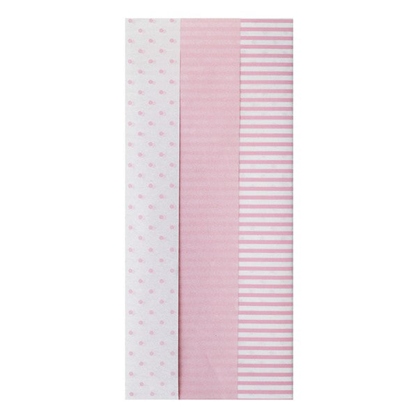 Three vertical fabric or paper swatches in pink and white patterns: a white panel with small pink hearts, a pink panel with fine pink stripes, and a white panel with bold pink horizontal stripes.