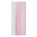 Three vertical fabric or paper swatches in pink and white patterns: a white panel with small pink hearts, a pink panel with fine pink stripes, and a white panel with bold pink horizontal stripes.