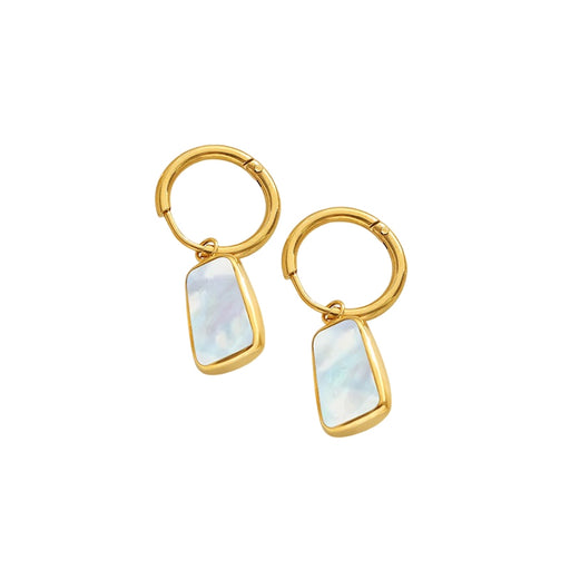 Gold hoop earrings with light blue stone drops on a white background