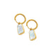 Gold hoop earrings with light blue stone drops on a white background