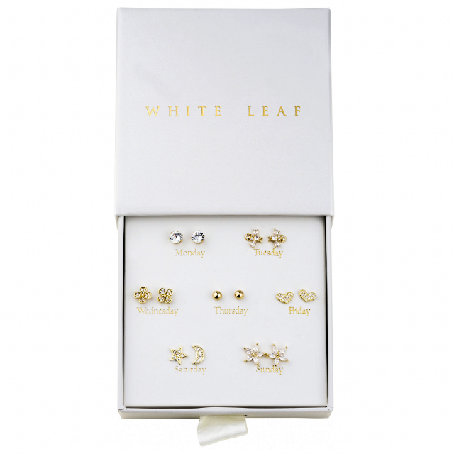 White Leaf 7 Day Box Set Earrings 18kt Gold Plate