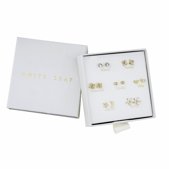 White Leaf 7 Day Box Set Earrings 18kt Gold Plate