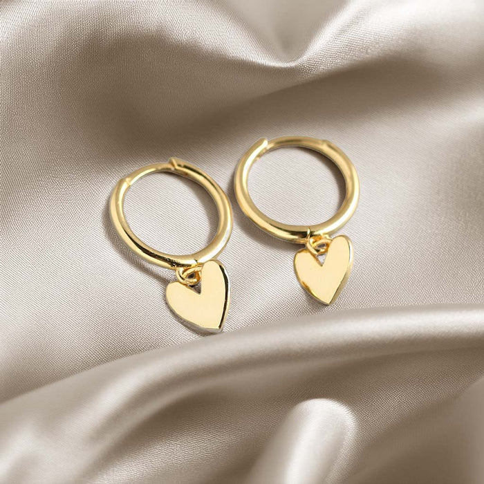 White Leaf Heart Charm Huggie Earrings In Gold
