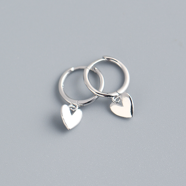 White Leaf Heart Charm Huggie Earrings Sterling Silver