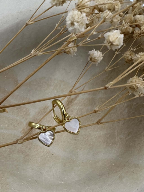 White Leaf Heart Charm Huggie Earrings Mother Of Pearl And Gold