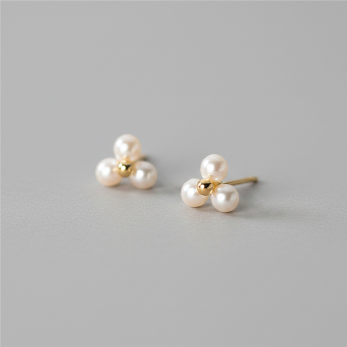 White Leaf Trio Pearl Stud Earrings 18kt Gold Plate Sterling Silver