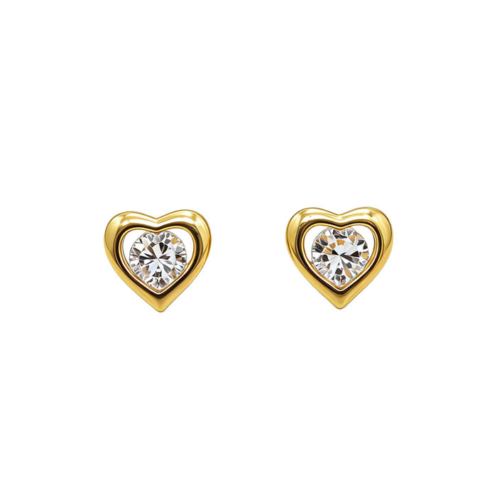 White Leaf Hear Design Cubic Zirconia Detail Stud  Earrings In Gold Plate