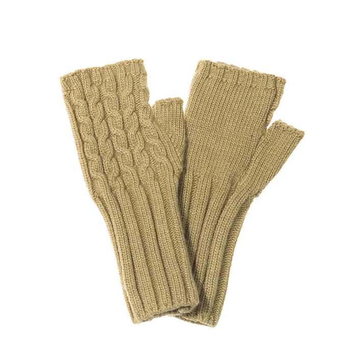 A pair of chunky knit fingerless gloves in a warm camel beige color, featuring a cable-knit pattern on one glove and a ribbed knit pattern on the other, displayed against a plain white background.