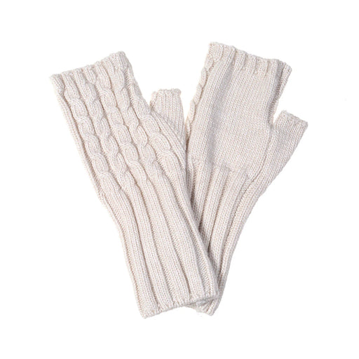 A pair of cream-colored cable-knit fingerless gloves on a plain white background.