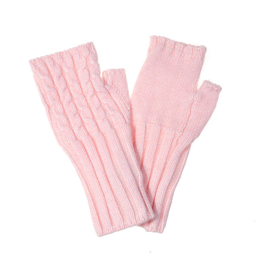 A pair of light pink fingerless knit gloves with ribbed cuffs, one featuring a cable-knit pattern and the other a smooth knit texture, displayed on a white background.