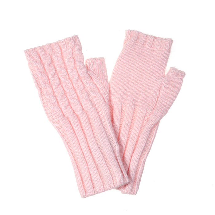 A pair of light pink fingerless knit gloves with ribbed cuffs, one featuring a cable-knit pattern and the other a smooth knit texture, displayed on a white background.