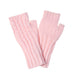 A pair of light pink fingerless knit gloves with ribbed cuffs, one featuring a cable-knit pattern and the other a smooth knit texture, displayed on a white background.
