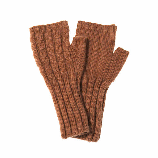 A pair of brown ribbed knit fingerless gloves with one featuring a cable-knit pattern on the back, displayed against a plain white background.