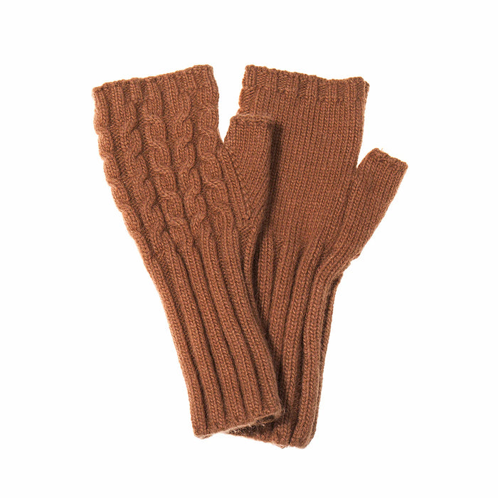 A pair of brown ribbed knit fingerless gloves with one featuring a cable-knit pattern on the back, displayed against a plain white background.