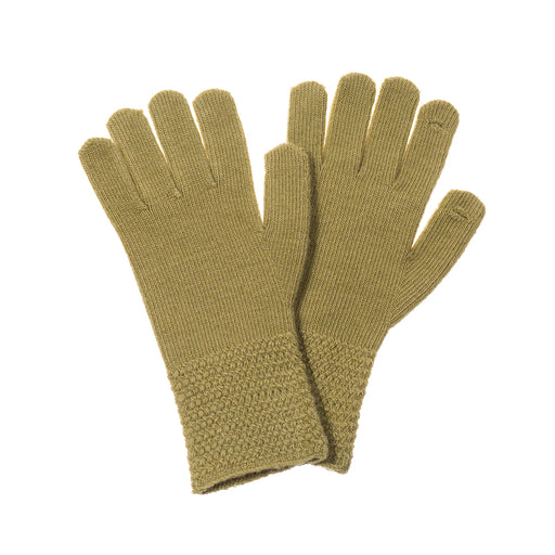 A pair of olive green knit gloves with textured, ribbed cuffs, displayed against a plain white background.