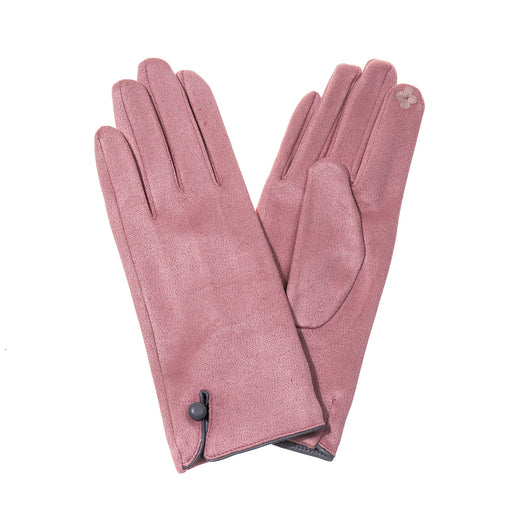 A pair of dusty rose pink leather gloves with a small black button detail on the cuff and a tiny white embroidered flower on one glove, displayed against a solid white background.