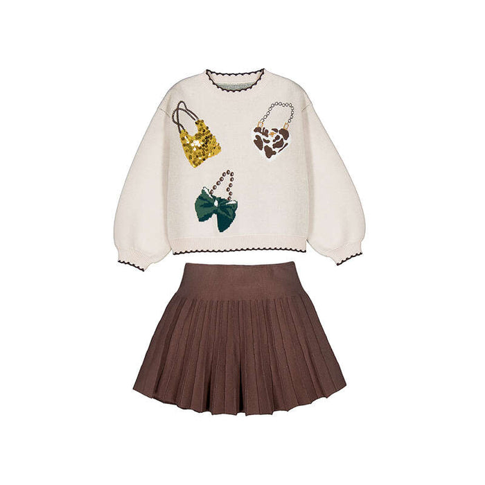 Mayoral Girls Tricort Skirt Set In Coffee
