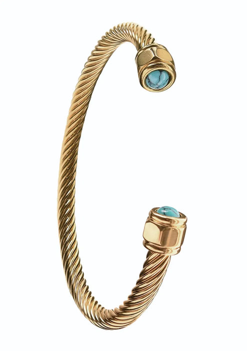 Hot Tomato Stainless Steel With 18K Gold PVD & Turquoise Open Bangle Twist