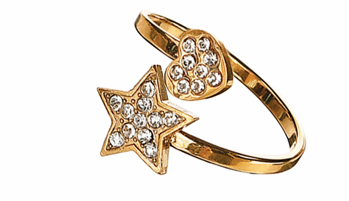 Gold-plated stainless steel rings shown on a white background, including a filigree cuff, a textured band with leaf motifs, and a ring with a star and heart design set with clear rhinestones. Small text at the bottom reads 'waterproof, stainless steel, 18k PVD gold plating'.