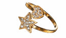 Gold-plated stainless steel rings shown on a white background, including a filigree cuff, a textured band with leaf motifs, and a ring with a star and heart design set with clear rhinestones. Small text at the bottom reads 'waterproof, stainless steel, 18k PVD gold plating'.