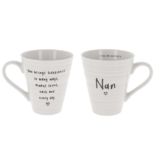 Two white ceramic mugs with black text and heart details, shown from opposite sides on a plain white background. One mug features a quote about Nan, and the other has the name 'Nan' and the phrase 'You are my angel'.