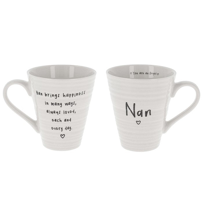 Two white ceramic mugs with black text and heart details, shown from opposite sides on a plain white background. One mug features a quote about Nan, and the other has the name 'Nan' and the phrase 'You are my angel'.