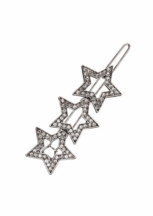 A silver-toned hair claw clip featuring three overlapping star-shaped prongs, each set with small clear rhinestones, shown on a plain white background.
