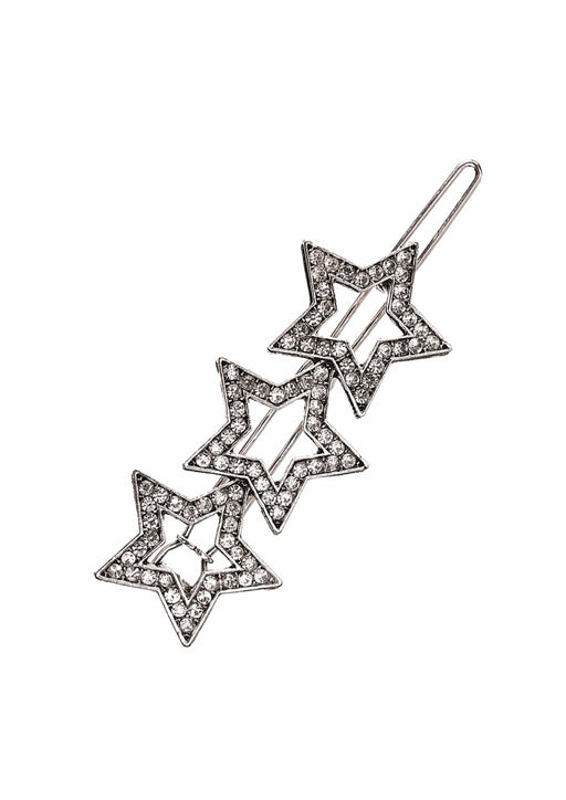 A silver-toned hair claw clip featuring three overlapping star-shaped prongs, each set with small clear rhinestones, shown on a plain white background.