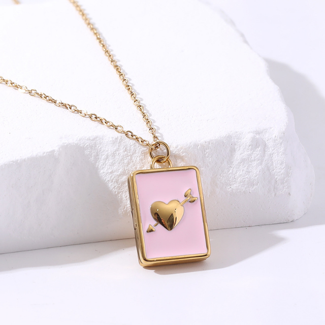 White Leaf Heart Book Locket Necklace Pink 18kt Gold Plate