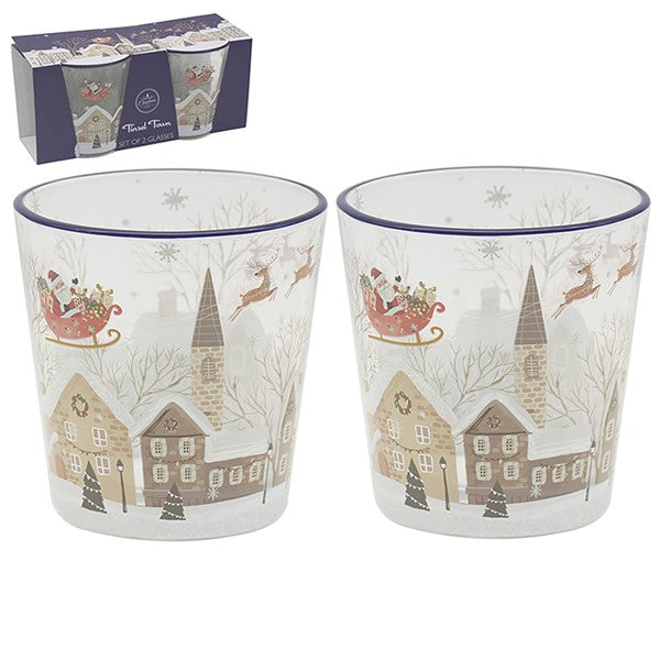 Xmas Tinsel Town Blue Glasses Set of 2