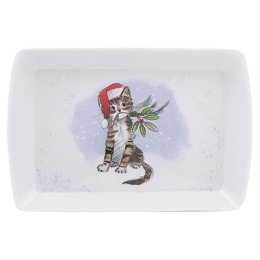 A rectangular white ceramic serving tray with rounded corners, featuring a printed illustration of a tabby kitten wearing a red Santa hat and holding green pine branches.