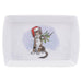 A rectangular white ceramic serving tray with rounded corners, featuring a printed illustration of a tabby kitten wearing a red Santa hat and holding green pine branches.