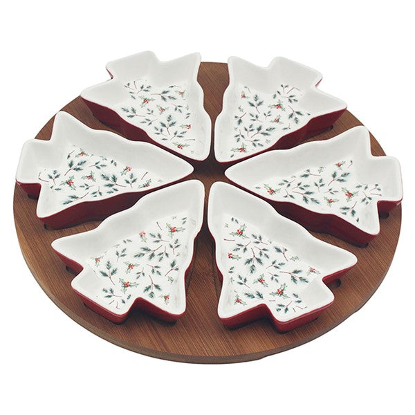 6 Xmas Holly Tree Shaped Dishes On Wood Tray