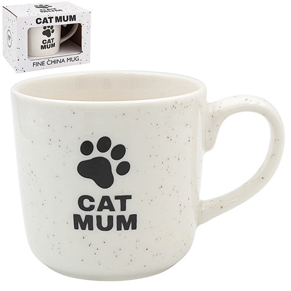 White mug with 'Cat Mum' text and paw print, featuring a packaging box in the background.