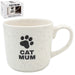White mug with 'Cat Mum' text and paw print, featuring a packaging box in the background.