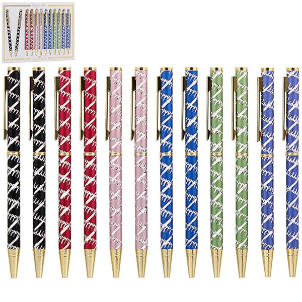 Nine decorative ballpoint pens with gold-toned tips and clips are lined up horizontally on a white background. Each pen features a white geometric pattern over a different body color: black, red, burgundy, light pink, royal blue, sage green, medium blue, and purple.