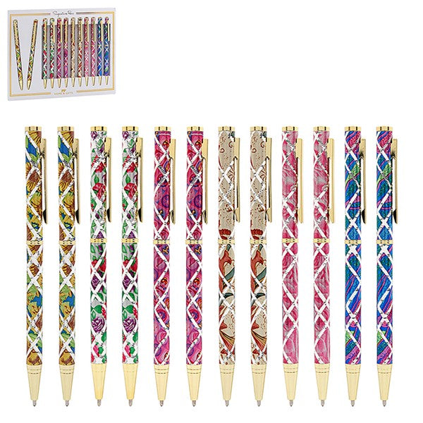 Ten decorative ballpoint pens with gold-toned metal tips and clips are arranged in a row on a white background. Each pen has a different colorful floral and geometric pattern on the barrel.