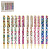 Ten decorative ballpoint pens with gold-toned metal tips and clips are arranged in a row on a white background. Each pen has a different colorful floral and geometric pattern on the barrel.