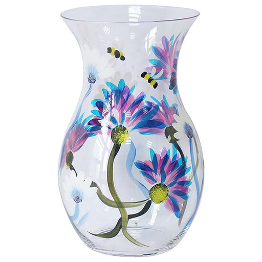 Clear glass vase with floral and bee design on a white background