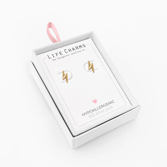 Life Charms Gold Thunderbolt Stud Earrings