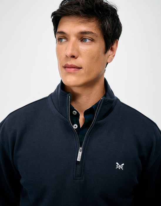 Crew Clothing Mens Blend Piqué Half-Zip Sweatshirt in Heritage Dark Navy
